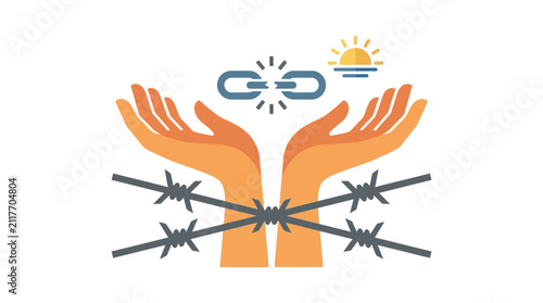 Human hands reaching for freedom, breaking the chains of oppression, symbolizing liberation, hope, and a new dawn, having overcome barbed wire confinement
