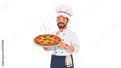Professional male chef holding a freshly baked hot pepperoni pizza in uniform for restaurant food delivery service and cooking promotion
