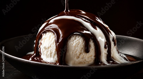 An ice cream ball drizzled with chocolate on a black plate