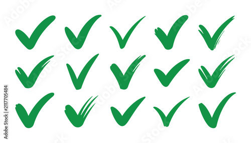 Set of green hand-drawn check mark icons checkmarks for completion of tasks vector illustration.