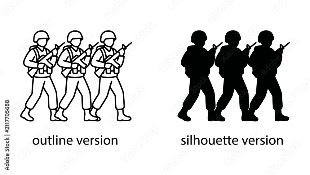Obraz premium Soldiers Marching: A depiction of soldiers in an outline and silhouette version, showcasing a military march with rifles and gear.
