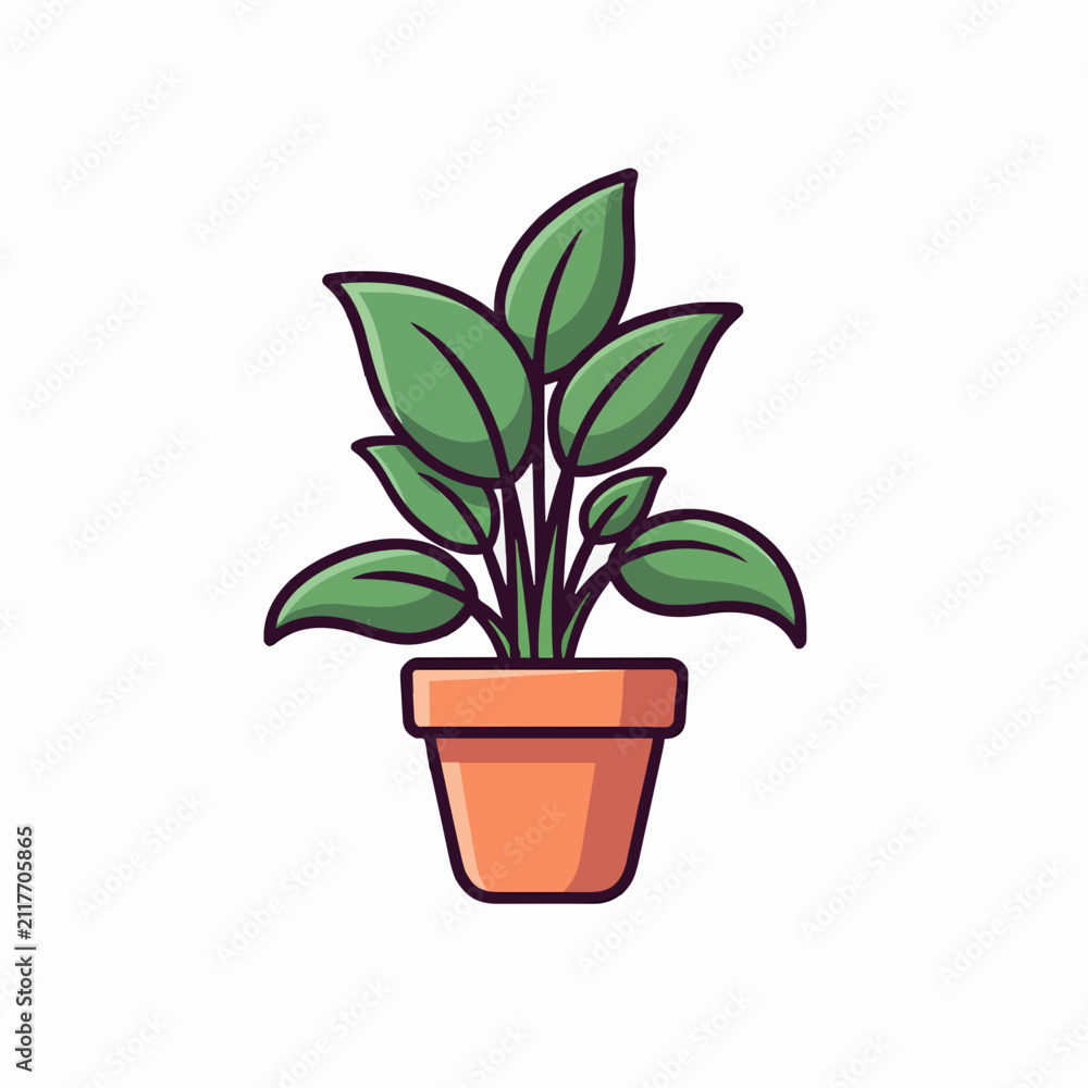 Fototapeta premium Minimalist vector illustration of a lush green houseplant in a terracotta pot isolated on a white background.