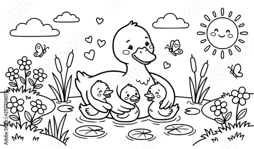 Canvastavla Cute Mother Duck with Ducklings Coloring Page Featuring Pond Flowers Sunshine an