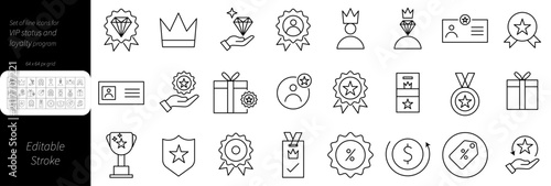 VIP Status and Loyalty Program Icons Set – Premium Membership, Rewards, Crown, Diamond, Badge, Medal, Gift, Trophy and Exclusive Member Symbols with Editable Stroke Vector Collection