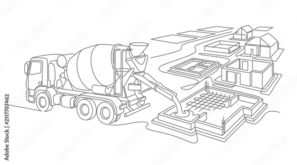 Obraz premium Continuous line drawing of a concrete mixer truck pouring cement into a building foundation.