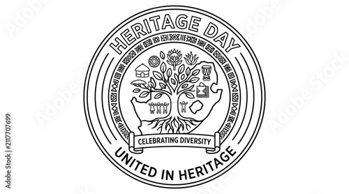 Heritage day seal illustration with tree and figures black and white line art
