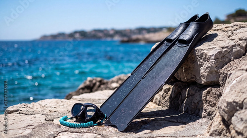 Long black carbon fiber freediving fins and a snorkeling mask resting on a rocky Mediterranean coastline during a sunny summer day