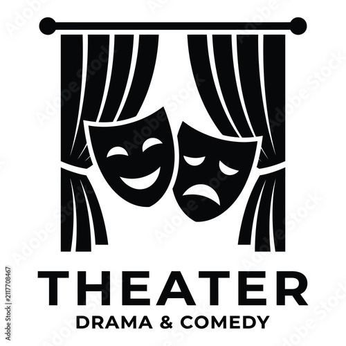 Theater drama comedy masks icon with curtains  performing arts symbol icon