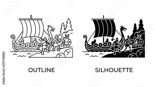 Foto Viking Ship and Warriors: An artistic depiction showcasing a traditional Viking longship with its distinctive sail and dragon figurehead, accompanied by warriors preparing for a voyage