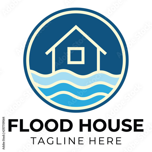 Blue and white flood house logo with waves and house in circle icon