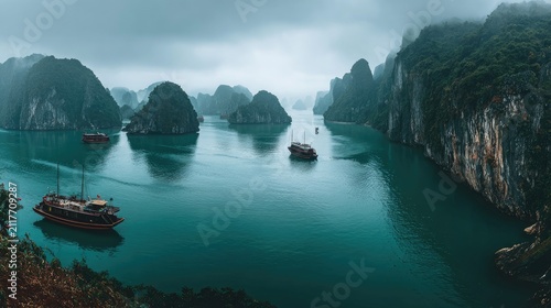 Scenic landscape of limestone cliffs and turquoise water with boats