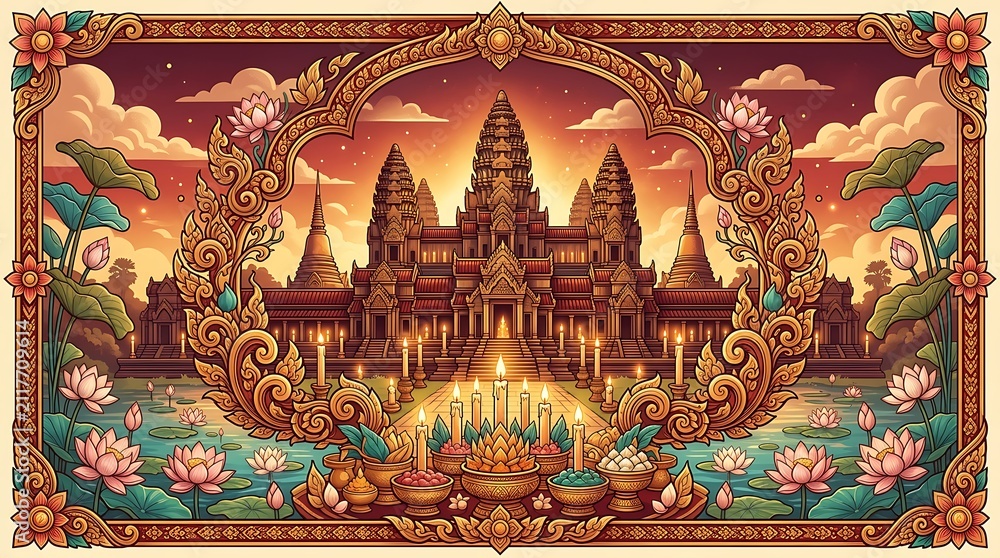 Fototapeta premium Majestic temple landscape with lotus flowers and golden frame