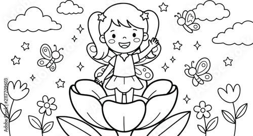 Cute Fairy Watering Blooming Rose in Enchanted Garden Coloring Page