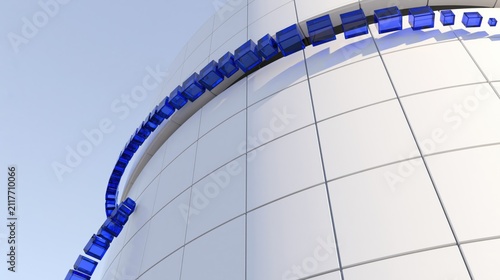 Futuristic curved facade with blue modular details for technology advertising and corporate website design
