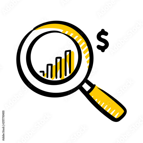 Magnifying glass with dollar sign and bar chart, growth concept.