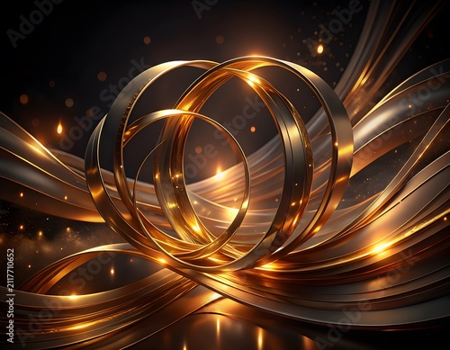 A luxurious abstract composition featuring intertwined golden rings and flowing ribbons, illuminated by a warm, ethereal glow and subtle bokeh highlights.