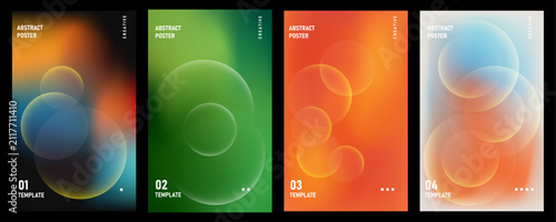 Set of four abstract vertical backgrounds with vibrant gradient colors and soft glowing circular shapes for modern design projects