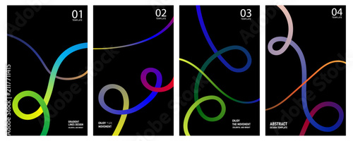 A set of four modern abstract posters featuring colorful glowing neon swirl lines on a dark black background