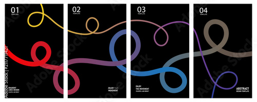 Abstract digital art composition featuring four vertical panels with colorful swirling lines on a deep black background