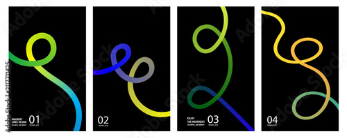 Abstract collection of colorful glowing neon light trails forming swirling shapes isolated on a solid black background