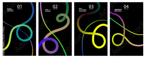 Abstract digital art composition featuring four vertical panels with glowing neon curved lines on a deep black background