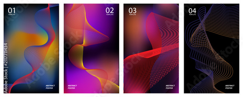 Set of four abstract futuristic posters with vibrant neon gradients and geometric patterns for modern digital design projects