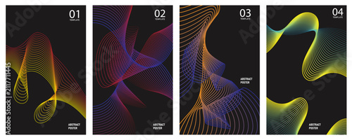 Set of four abstract vertical posters with colorful flowing liquid shapes and dark backgrounds for modern design projects