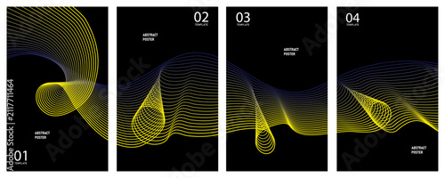 Abstract background featuring four vertical panels with flowing golden lines and dark geometric shapes on black backdrop