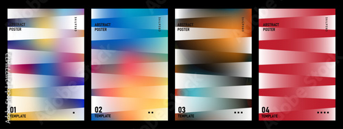 Set of four abstract backgrounds with vibrant horizontal color gradients and modern minimalist geometric design elements for creative projects