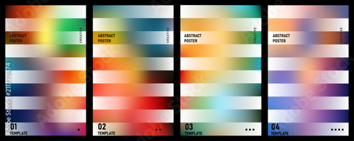 Abstract background featuring four vertical panels with vibrant horizontal color gradients and soft blurred light effects