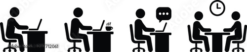 Office work and business meeting icon set with business computer communication