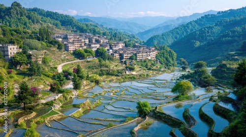Scenic terraced rice fields village nestled in lush green mountain landscape
