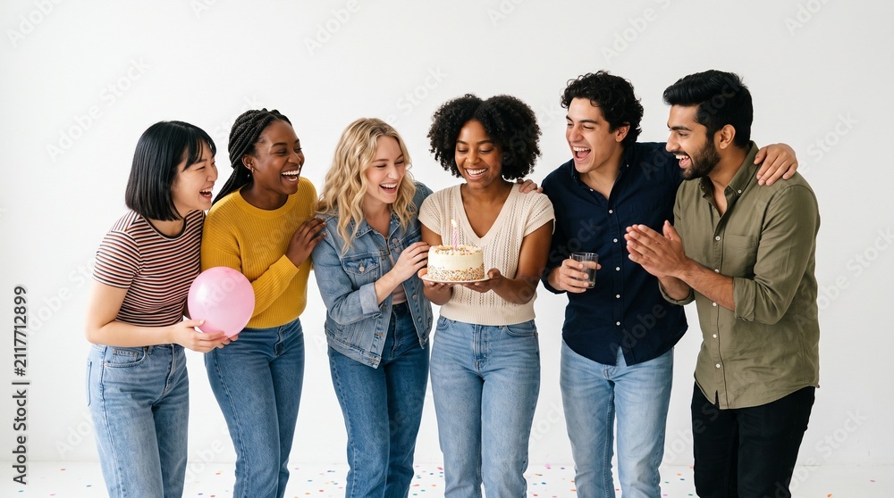 Obraz premium Joyful celebration with friends around a birthday cake