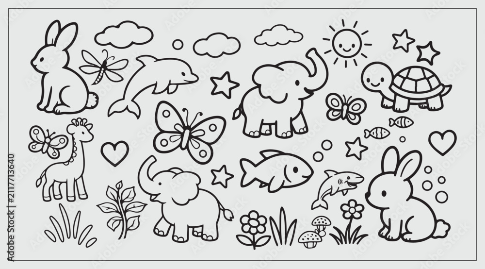Obraz premium Whimsical Outline Animals and Nature Elements for Children's Coloring Pages and Educational Graphics