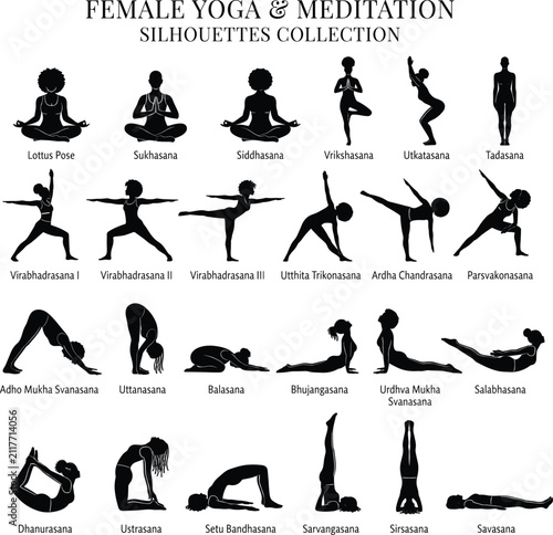 Female yoga and meditation silhouettes collection featuring various asana poses workout exercise black wellness icons set isolated on white background