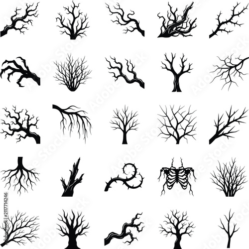 Bare tree branches and roots silhouette collection featuring spooky halloween creepy dead wood boughs twigs thorns vector icon set on white background