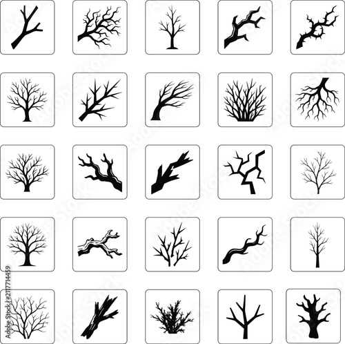 Bare tree branches and roots icon set featuring black dead wood silhouettes twig boughs and nature elements inside frames on white background
