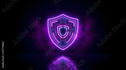 Abstract glowing purple neon shield icon representing digital security and cyber protection on a dark background