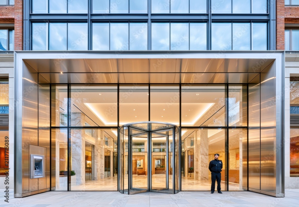 Fototapeta premium Modern glass facade and revolving door entrance of a corporate building with uniformed security guard