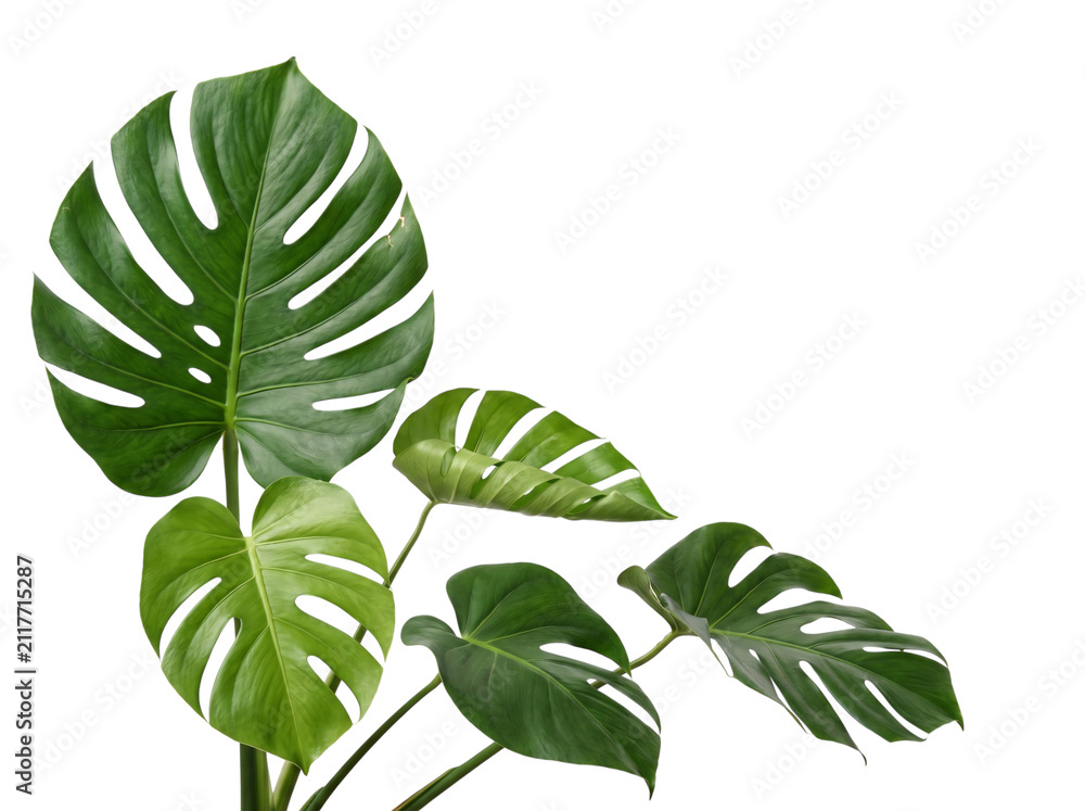 Fototapeta premium Large green monstera deliciosa leaves with split patterns on png isolated on transparent background