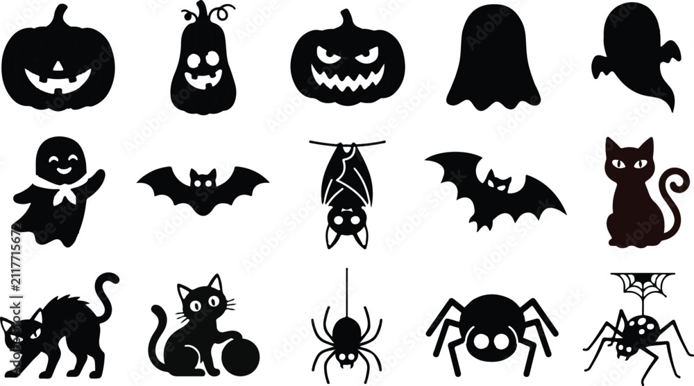 Obraz premium Set of black halloween icons with pumpkins ghosts bats cats and spiders in flat graphic style