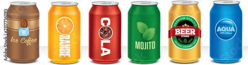 Tin package design for cola, orange, beer, ice coffee mojito, mineral water