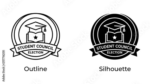 Student Council Election Emblem: A set of emblems designed for student council elections, featuring a graduation cap, an open book, and a banner with the text STUDENT COUNCIL ELECTION.