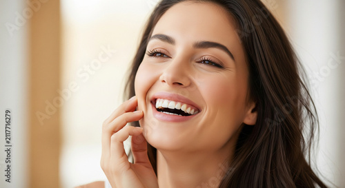 Beautiful smiling woman touching face natural skincare and beauty portrait
