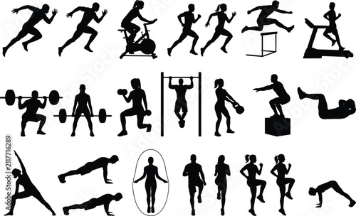 Fitness exercise silhouette collection featuring active men and women performing gym workout cardio weightlifting bodybuilding cross training running and athletic training vector icon set