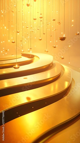 A grand staircase ascends into a radiant golden atmosphere, adorned with numerous floating diya lamps casting a warm, festive glow.
