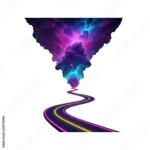 Winding Road Leading Into a Vibrant Cosmic Nebula Cloud