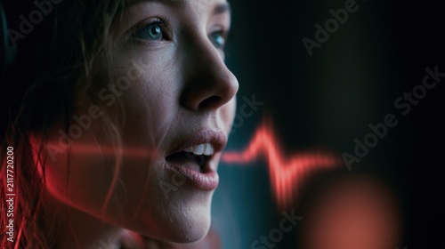 Close-up of a Person Speaking While Sound Waves Rise Toward a Light in a Dark Setting With Soft Key Light and Empty Space