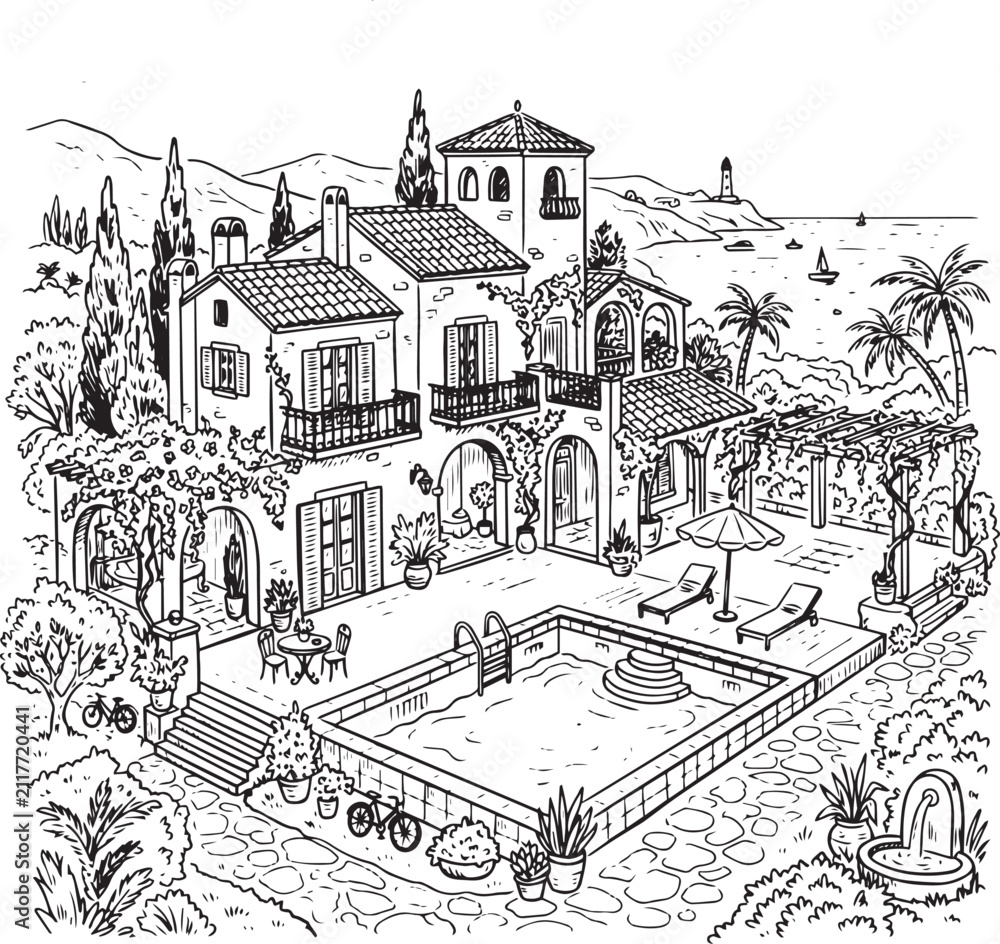 Fototapeta premium Mediterranean villa with pool hand drawn vector