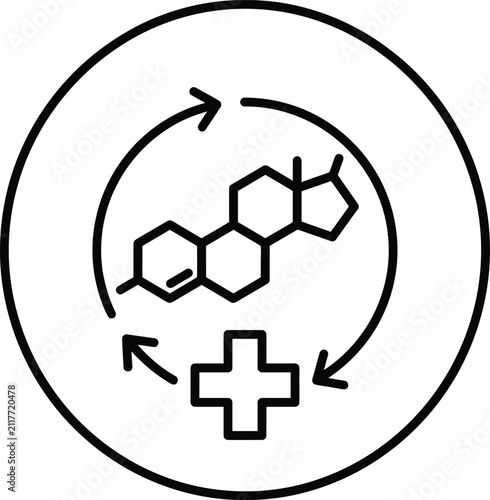 Hormone regulation concept icon with chemical molecular structure and medical cross symbol.